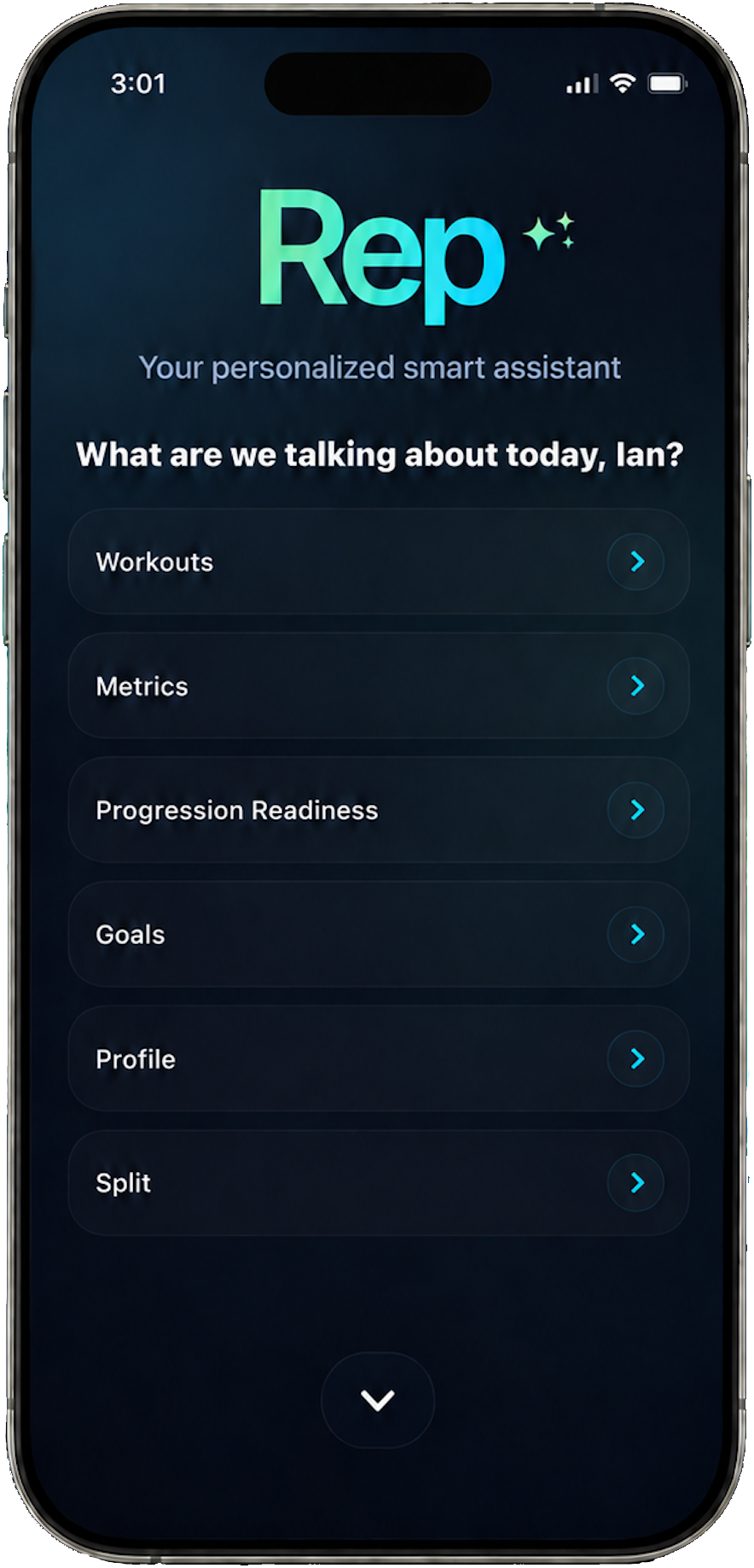 Metriks Rep assistant screen with training prompt categories.