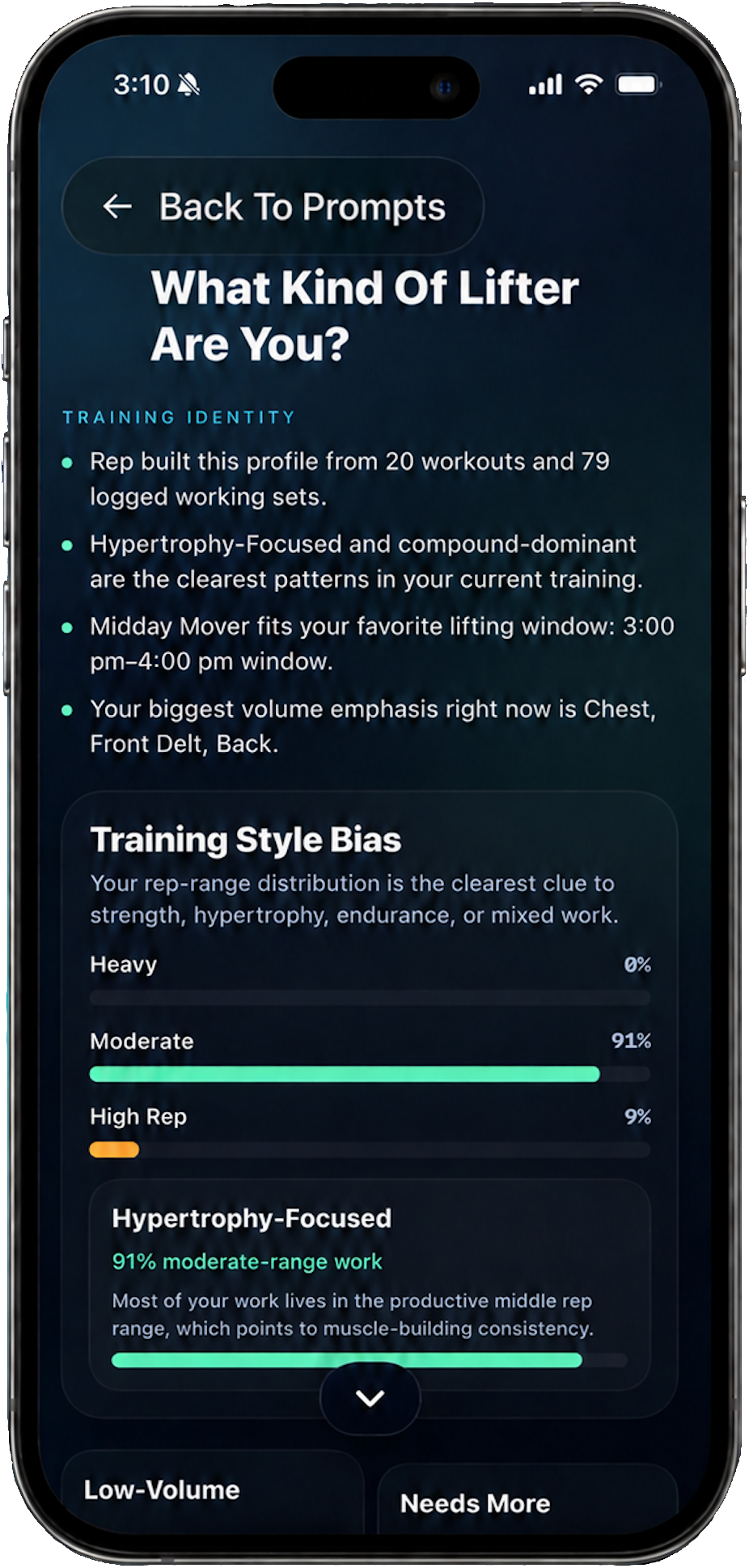 Metriks lifting analysis screen with training style bias.