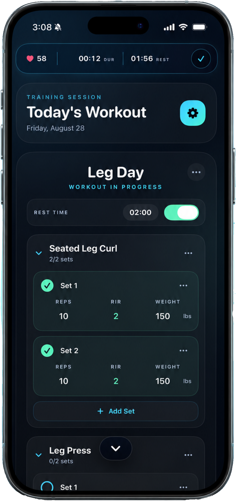 Metriks workout tracking screen for a leg day workout.